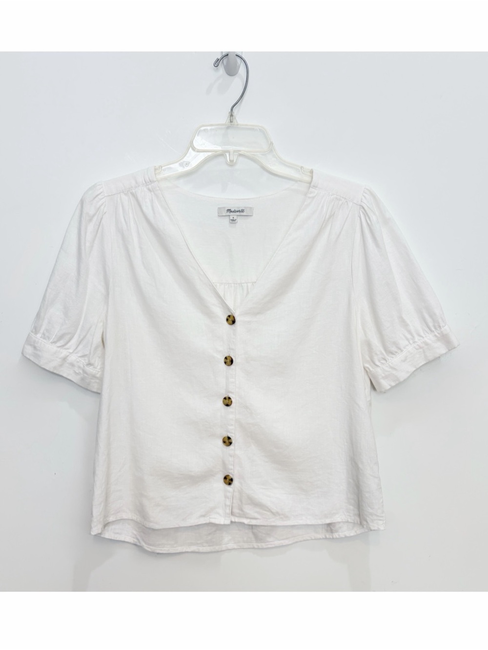 Madewell Plaza Linen Button Front Shirt White Puff Sleeve V-Neck Blouse Size S